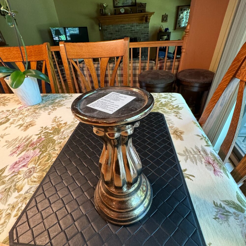 Round Pillar Candleholder Gold Tone 8 1/2" High Unique Design 3" Candle